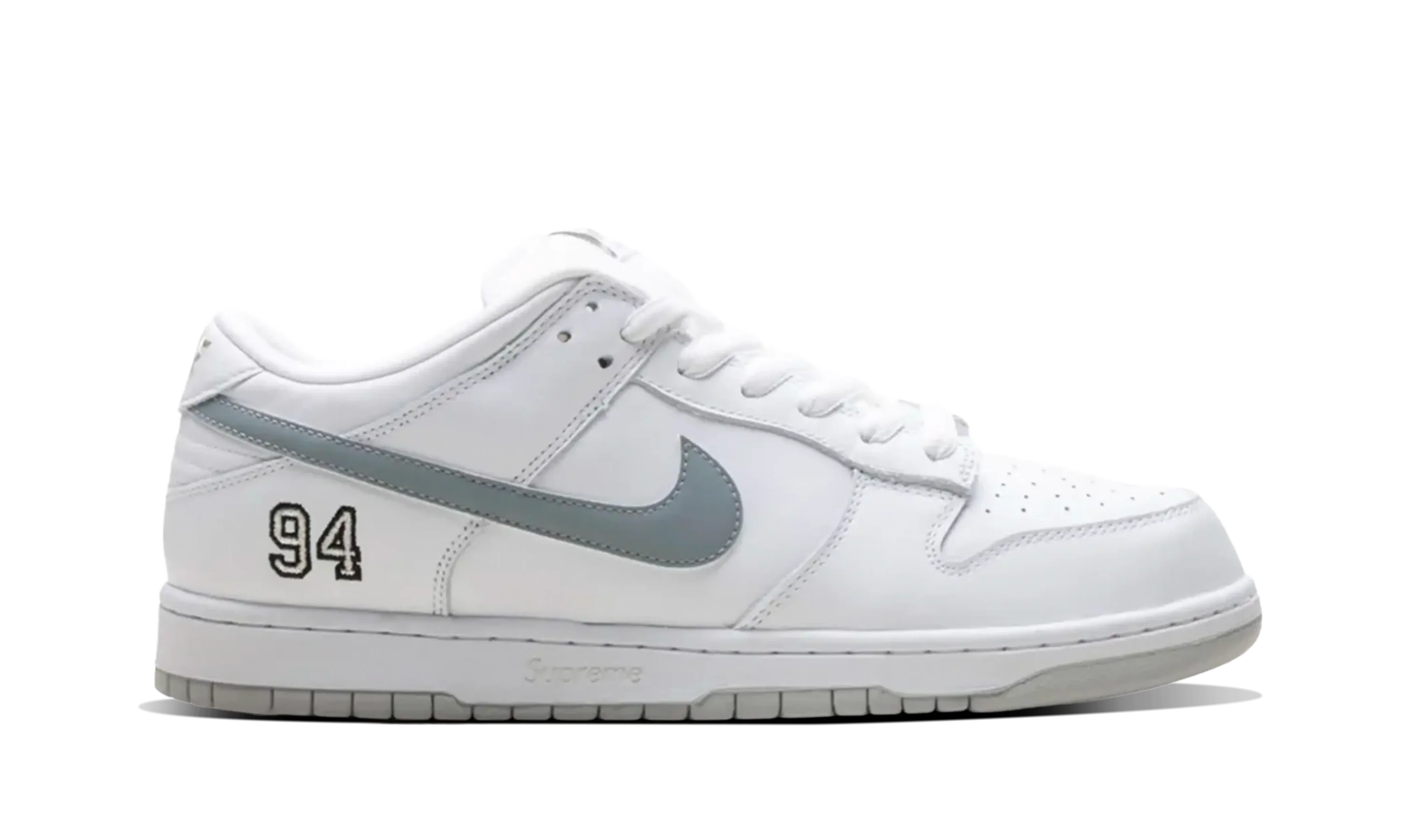 Nike SB Dunk Low Supreme 94 White Metallic Silver - Image 2